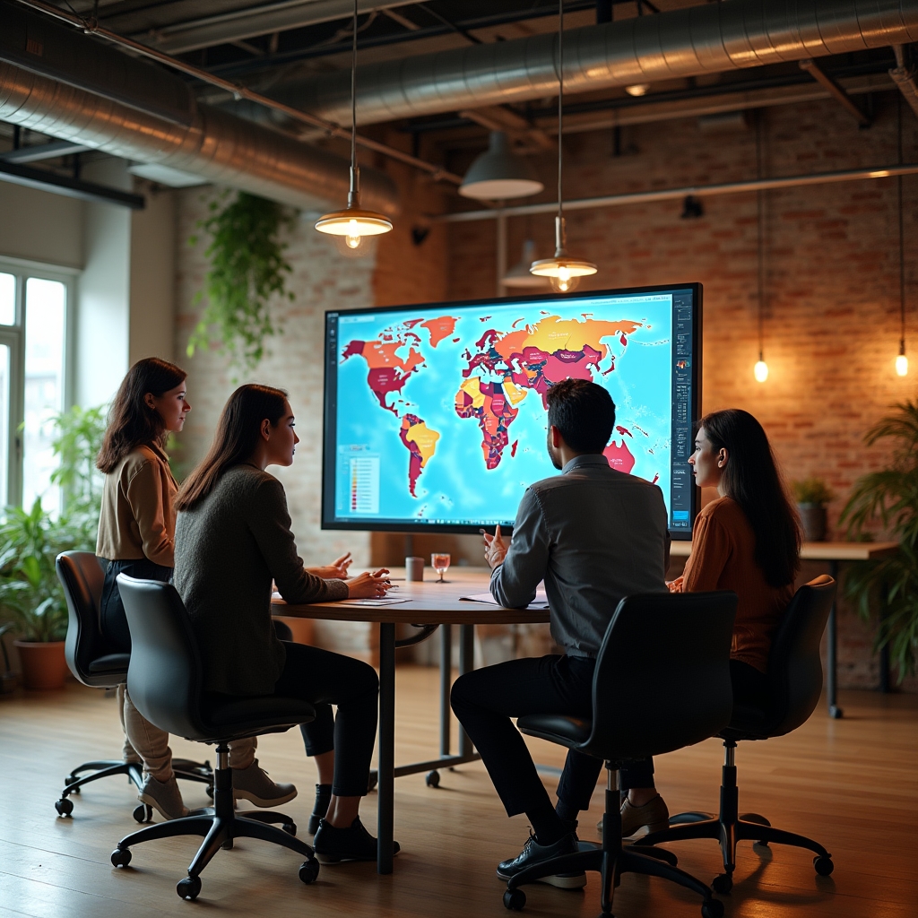 International SEO team reviewing global market strategy on large monitor