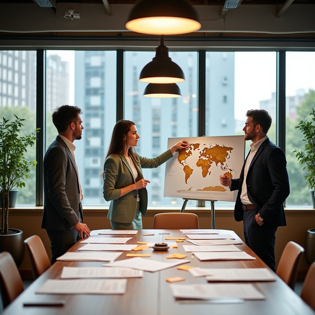 Team conducting international market research with maps and keyword data displayed on screens