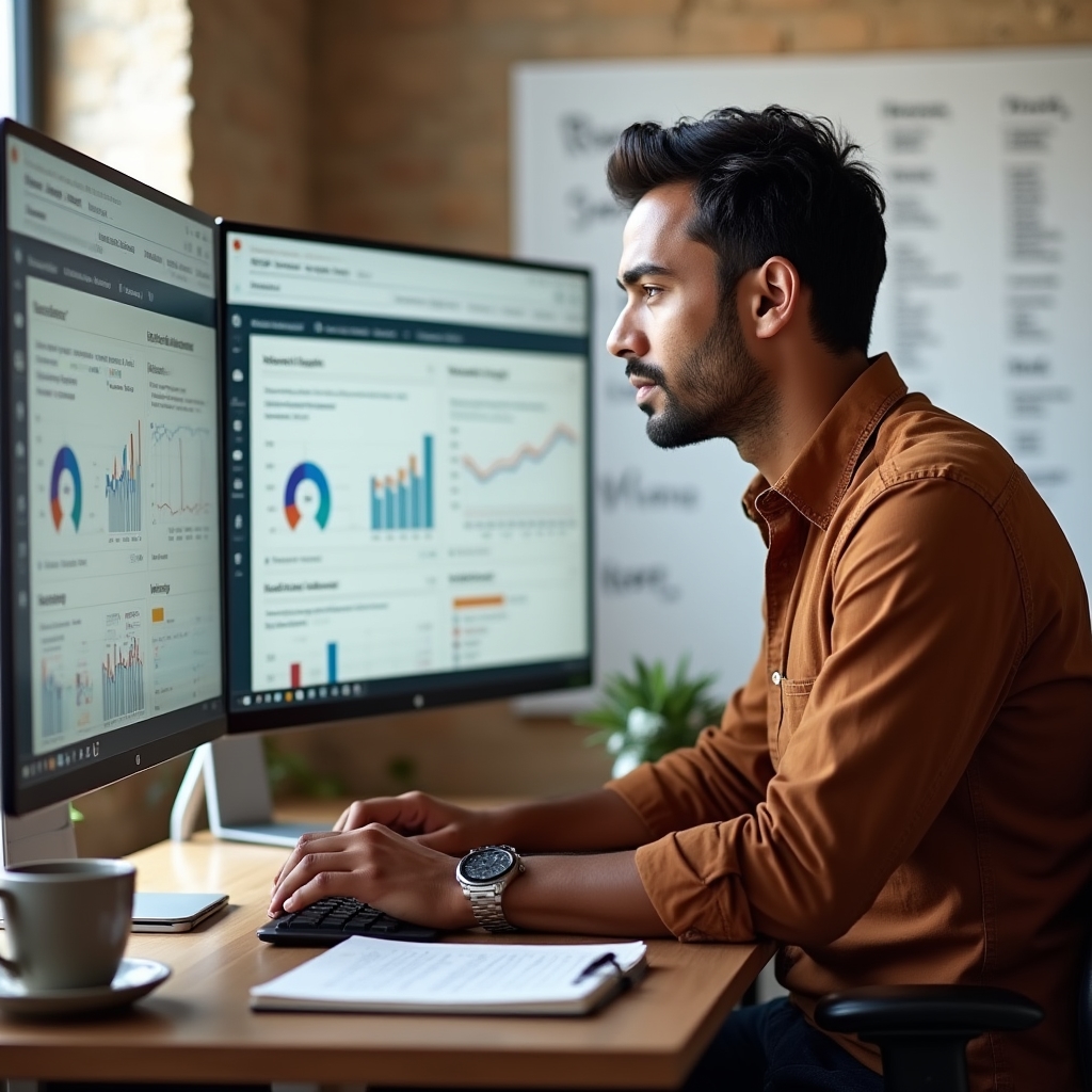 SEO analyst working with multilingual keyword data on dual monitors in modern office